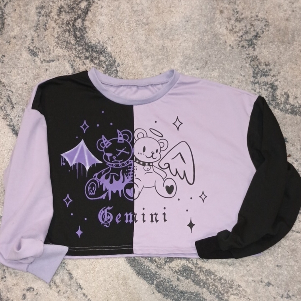 ROMWE Black and Purple Long Sleeve Tee with Split Design